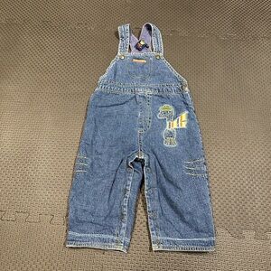 3/27$ Dino baby toddler denim lined overalls size 18 months